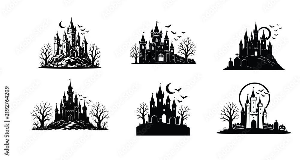 Fototapeta premium Haunted Castle Silhouettes Collection. Spooky Halloween Design Elements with Bats, Moon, and Creepy Trees.