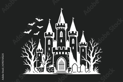 Haunted Castle Silhouette with Bats, Bare Trees, and Gravestones for Halloween