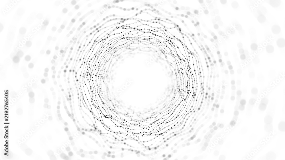 Obraz premium Futuristic dynamic dotted tunnel on white background. Digital data flow. Progressive IT technologies. 3d rendering. 