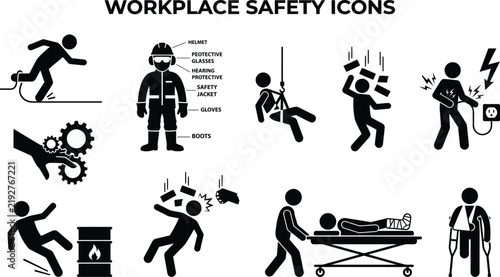 Collection of workplace safety icons depicting various industrial accidents