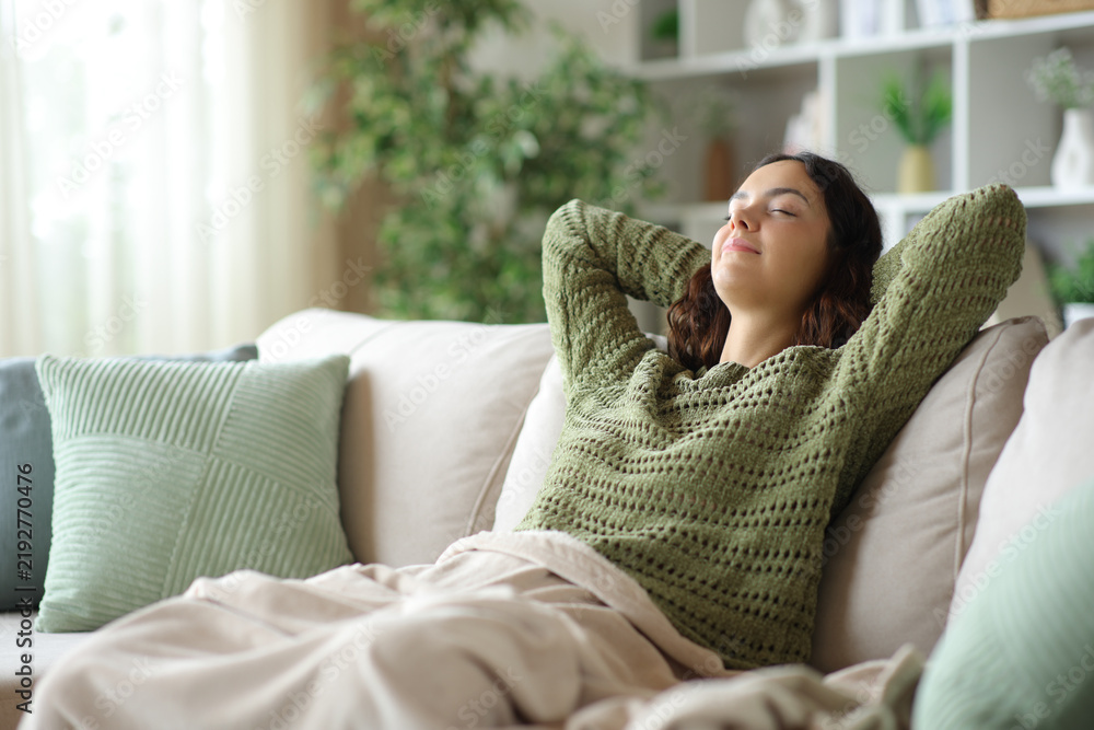 Obraz premium Satisfied young woman relaxing covered with blanket on a couch