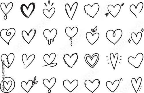 Hand Drawn Heart Doodle Icon Set, Cute Love Outline Vector Collection