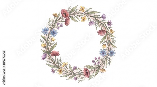 Christmas Floral Wreath with Green Leaves and Pink Flowers Isolated on White Background, Elegant Holiday Decoration for Wedding, Greeting Cards, Spring and Summer Designs