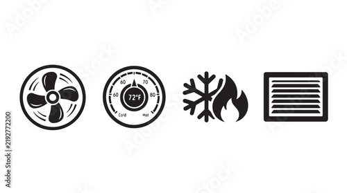 HVAC system icons set, climate control symbols for heating and cooling, black vector illustrations of fan thermostat snowflake and air vent isolated on Transparent Background