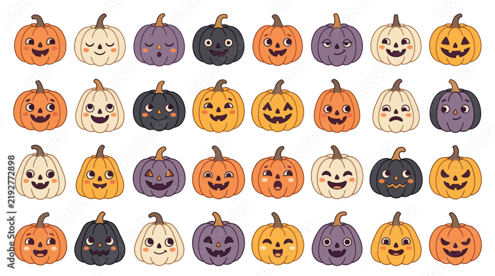 Fototapeta premium Cute Halloween pumpkin vector set, 36 adorable cartoon pumpkins with various facial expressions, spooky autumn harvest gourd collection, festive fall season graphic resource for kids' designs