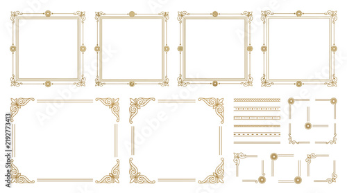 Set of vintage decorative frames and border elements, elegant calligraphic gold borders for wedding invitations, certificates, and greeting cards