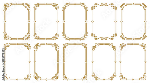 Set of elegant vintage gold rectangular frames, decorative border elements for invitations, certificates, and greeting cards