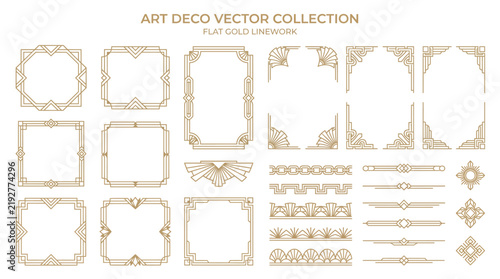 Art deco vector collection of gold geometric frames, borders, dividers, and decorative elements for luxury invitation and vintage design projects