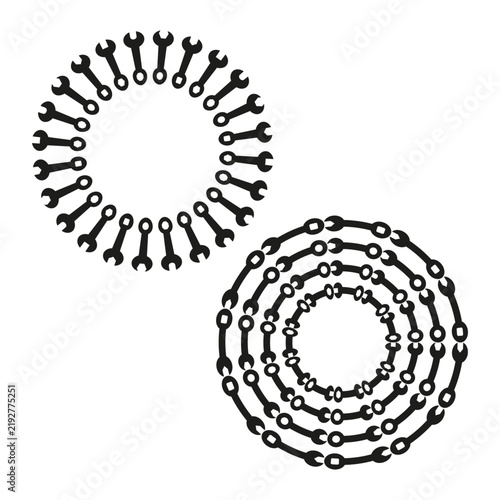 Wrench tool circle vector set features simple repair frame. It represents creative mechanic border.