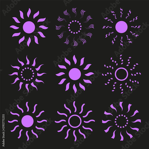 Star burst sun vector set features purple geometric pattern. It represents creative abstract ornament.