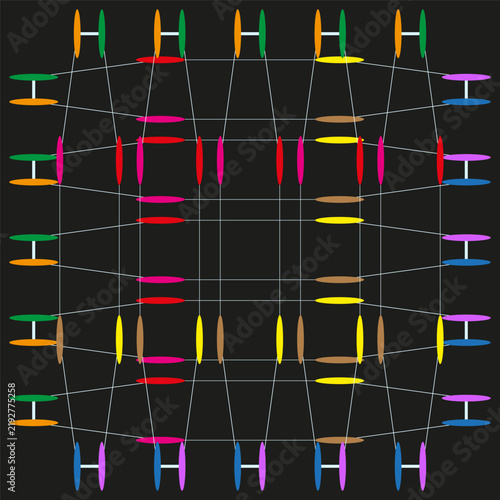 Dash line grid vector pattern features colorful connected data. It visualizes creative abstract matrix.