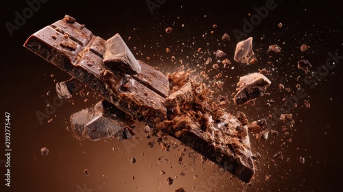 spectacular macro photograph of a chocolate bar breaking apart in midair, dark chocolate fragments and cocoa particles frozen around the main piece
