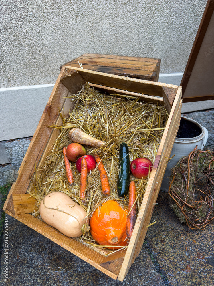 Obraz premium Still Life of Vegetables in Wooden Crate at Autumn Market