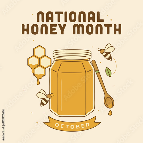 National Honey Month celebration, golden honey jar with honeycomb and bee themed natural food illustration