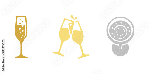 New Year champagne glass solid vector icon set. Flute, clinking, and coupe silhouettes.
