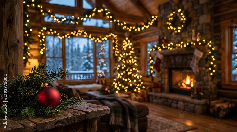 Fototapeta premium Cozy rustic log cabin living room decorated for christmas with a glowing fireplace and christmas tree