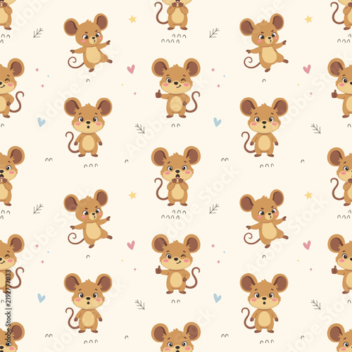 Playful Mouse Seamless Pattern, Cheerful Rodent Thumbs Up Repeating Background Wallpaper Textile Fabric Cute Kawaii Baby Nursery Graphic, Pajamas Wrapping Flat Vector Cartoon Illustration