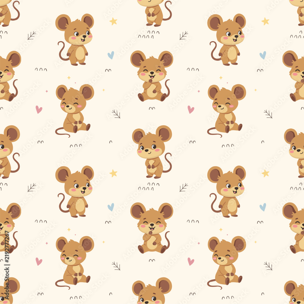 Fototapeta premium Shy Mouse Seamless Pattern, Embarrassed Rodent Heart Star Repeating Background Wallpaper Textile Fabric Cute Kawaii Baby Nursery Graphic, Pajamas Wrapping Flat Vector Cartoon Illustration