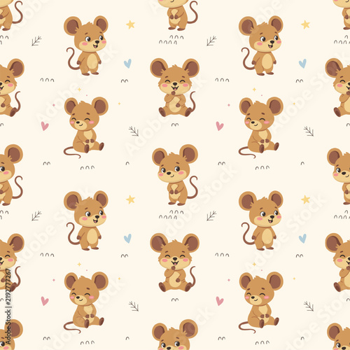 Shy Mouse Seamless Pattern, Embarrassed Rodent Heart Star Repeating Background Wallpaper Textile Fabric Cute Kawaii Baby Nursery Graphic, Pajamas Wrapping Flat Vector Cartoon Illustration