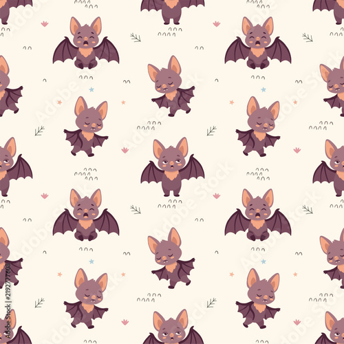Sleepy Bat Halloween Seamless Pattern, Boho Baby Nursery Wallpaper Textile Night Star Cloud Repeating Background Cute Kawaii Seasonal Graphic, Hand Drawn Flat Vector Illustration