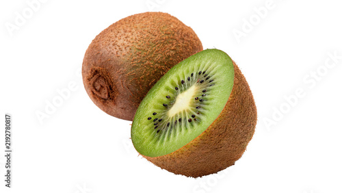Foto Whole and halved fresh organic kiwi fruit pieces isolated on transparent background