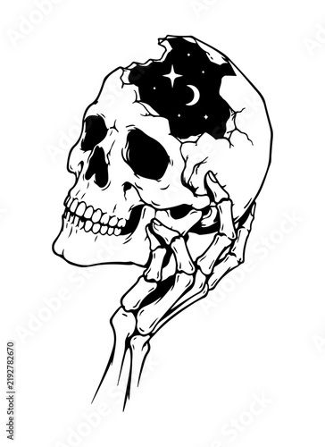 Mystical Skull with Crescent Moon Gothic Tattoo