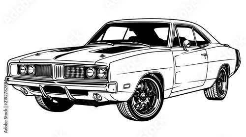 Classic muscle car vector illustration with bold black and white lines