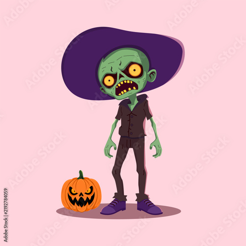 Halloween zombie character standing and wearing hat with pumpkin