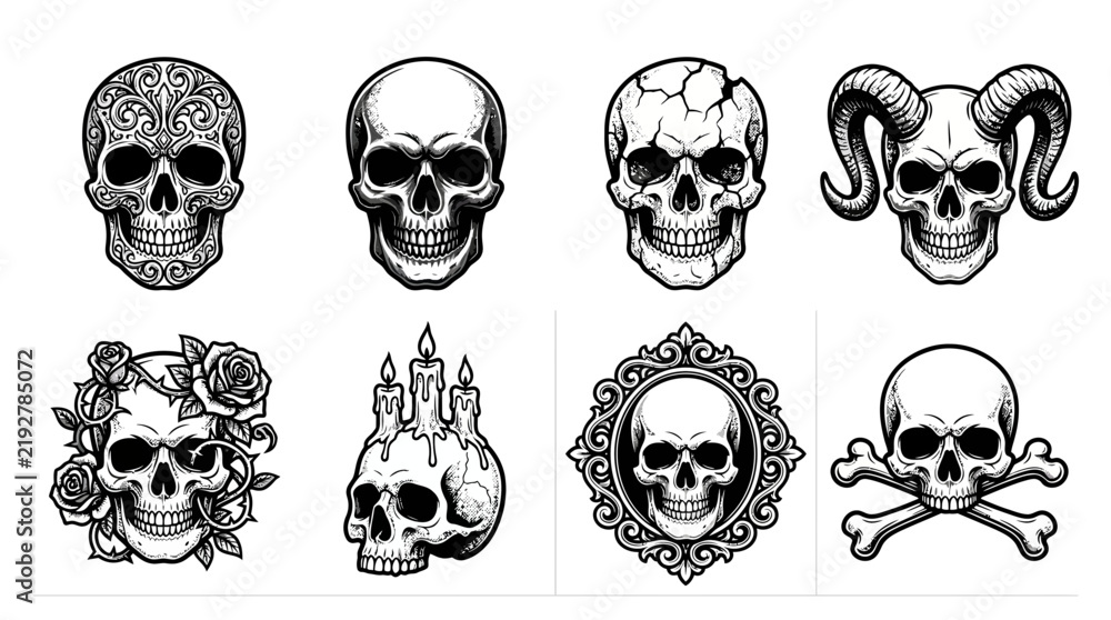 Fototapeta premium Collection of eerie and artistic skull illustrations, featuring gothic and macabre designs with decorative elements