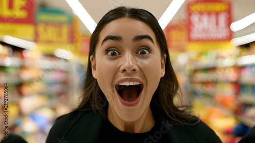A stunningly beautiful and joyful Latina woman with her mouth wide open stands behind the scene of a supermarket. She's in great shock and surprise, screaming. A bold new idea showcasing massive disco