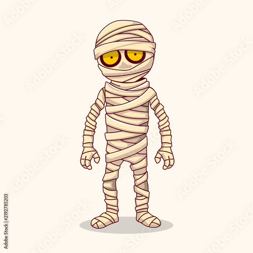Halloween mummy character standing with yellow eyes