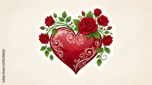 Red heart shape decorated with beautiful blooming roses illustration
