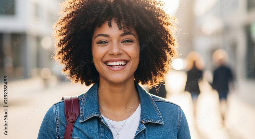 Fototapeta premium Portrait of a smiling woman with curly hair and denim jacket, bathed in golden hour sunlight, conveying joy and natural beauty, a showcase for lifestyle and confidence