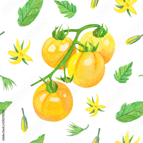 Konstfotografi Seamless pattern featuring yellow tomatoes, green leaves, and flowers on transparent background