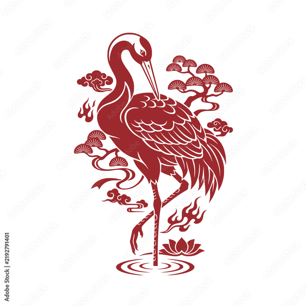 Obraz premium Traditional Chinese Paper Cut Crane Pine Tree Oriental Artwork