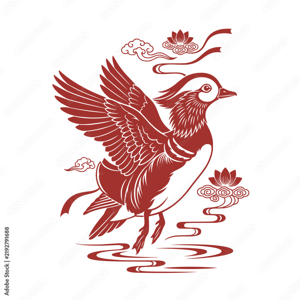 Fototapeta premium Traditional Chinese Paper Cut Flying Mandarin Duck Vector Artwork