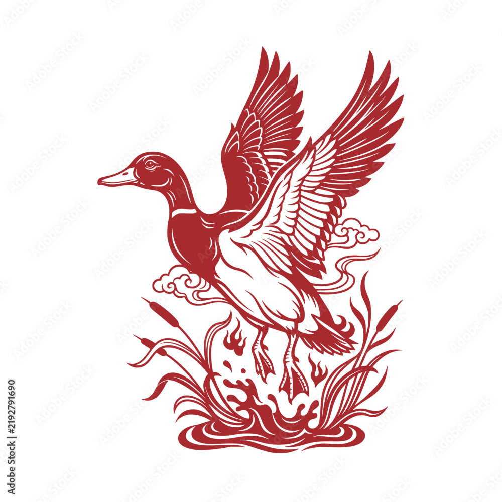 Obraz premium Chinese Paper Cut Flying Mallard Duck Lake Reed Artwork