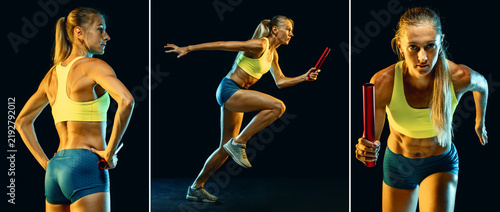 Fotografie Female relay runner holding baton in three powerful studio poses