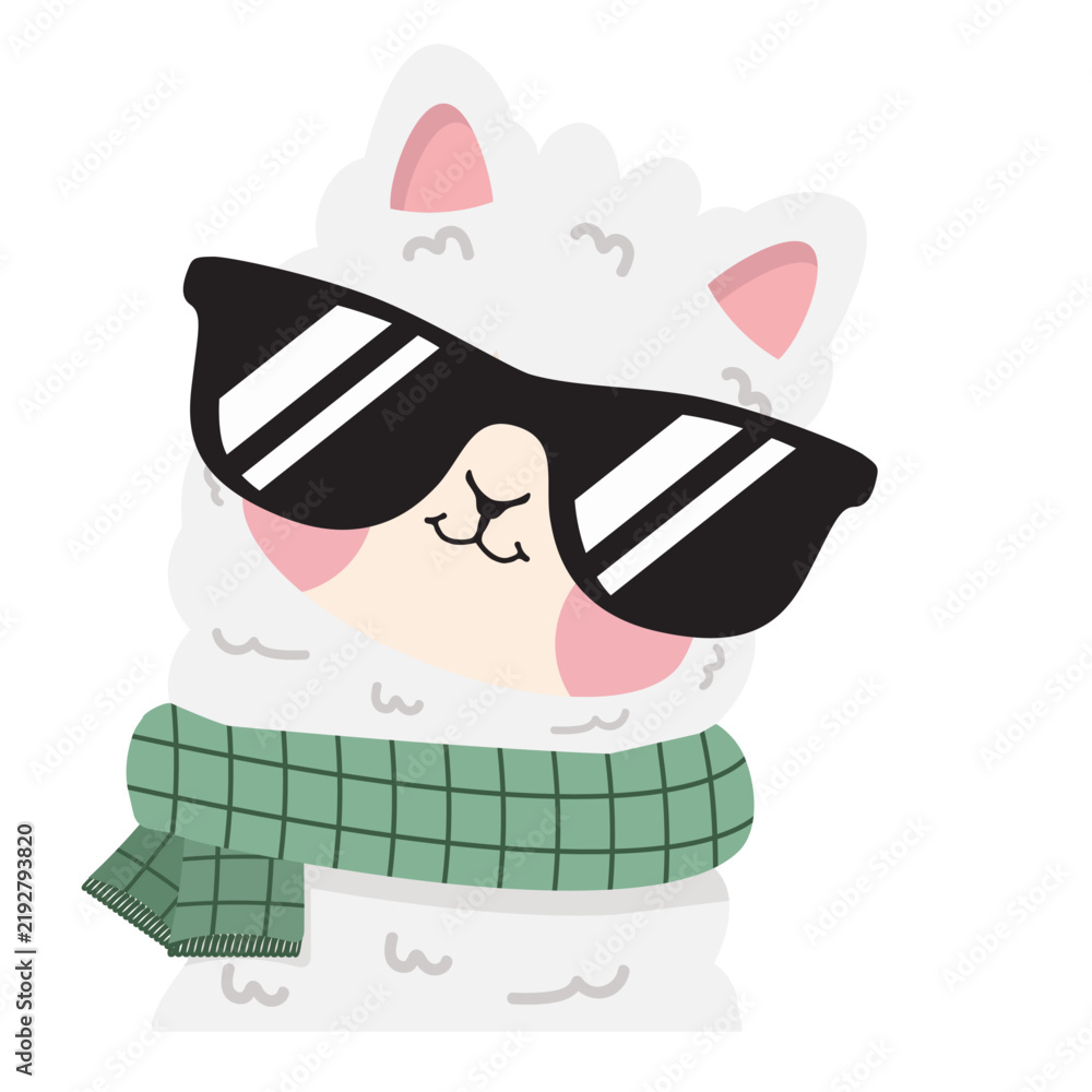 Fototapeta premium Cute alpaca wearing sunglasses and green scarf cool llama character profile
