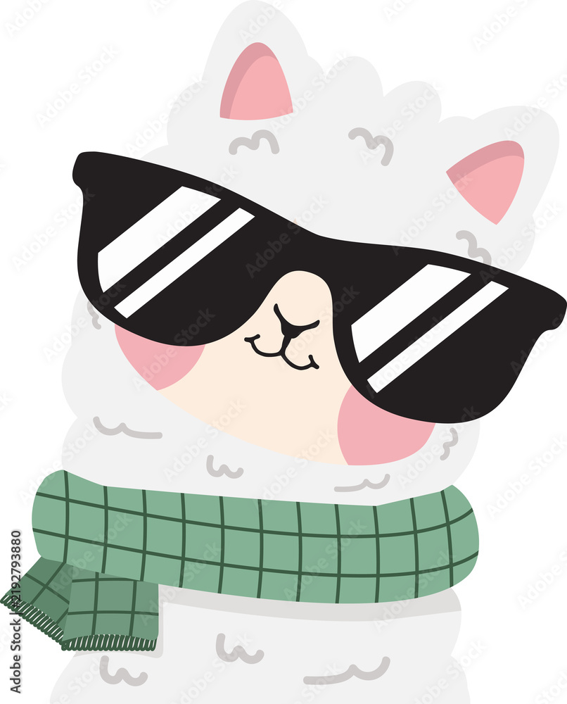 Fototapeta premium Cute alpaca wearing sunglasses and green scarf cool llama character profile