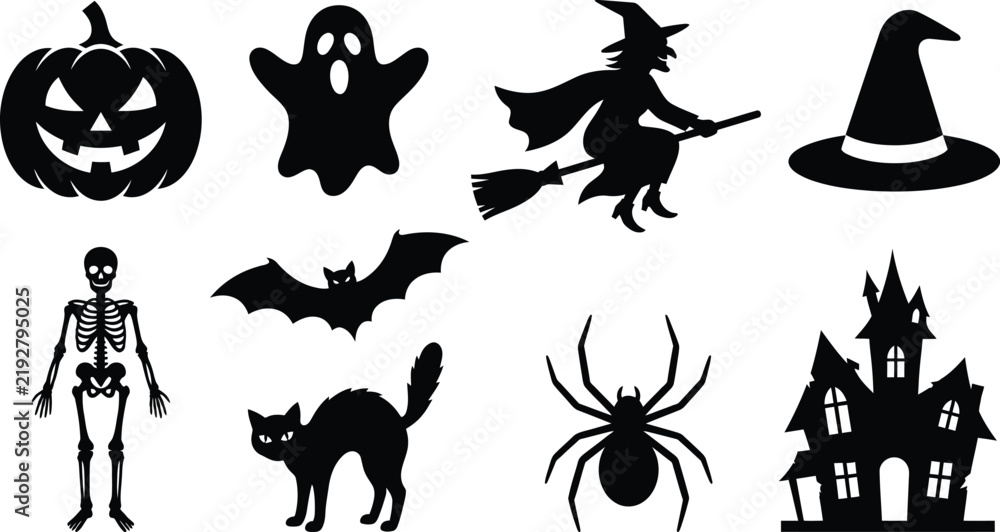 Fototapeta premium Halloween theme icons featuring pumpkin, ghost, witch, bat, skeleton, and haunted house.