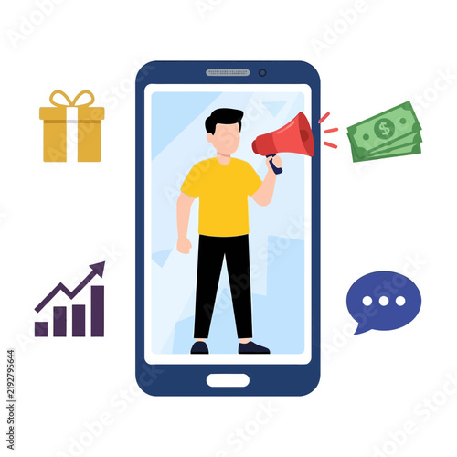 Faceless person with a megaphone advertising a digital promotion on a smartphone screen with commerce icons faceless character online sales business announcement shopping icons vector illustratio
