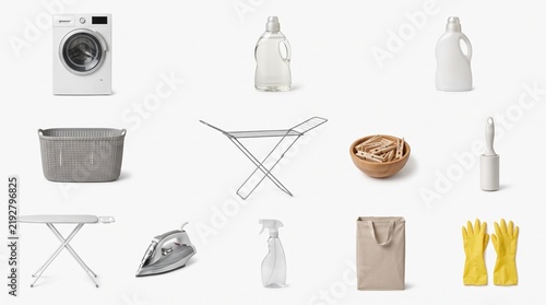 Realistic Laundry Room Equipment and Household Items Isolated on White Background