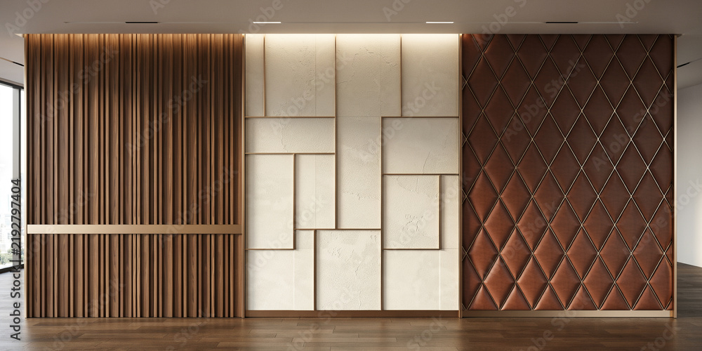 Fototapeta premium Interior wall featuring vertical wood slats, geometric white panels, and brown quilted