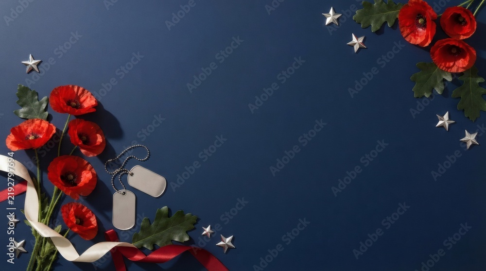 Obraz premium Memorial Day background with red poppies and military dog tags on blue