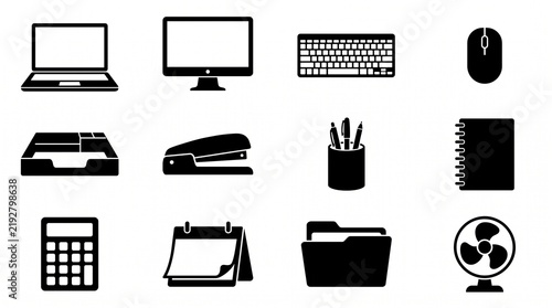 Home Office Equipment Silhouettes and Stationery Object Icons on White Background
