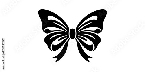 A bold black silhouette of an elegant butterfly-style ribbon bow featuring layered, curved loops on both sides, a solid central knot, and two flowing ribbon tails hanging downward.