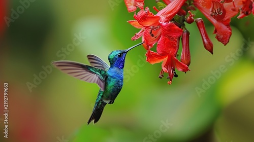 A vibrant blue-green hummingbird hovering beside bright red tropical flowers in a lush garden