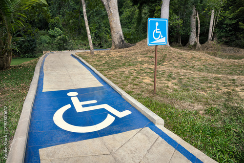 outdoor wheelchair accessible ramp and pathway designed to provide inclusive infrastructure for people with limited mobility, large, bright blue painted rectangle covers section of paved walkway