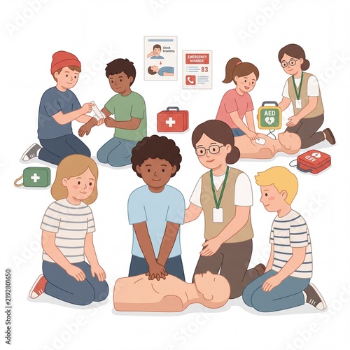 Group of Students Learning First Aid and CPR Skills in Classroom Illustration